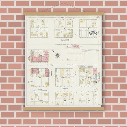 Old map wall art mockup — magnetic wood frame on brick wall — Sanborn Fire Insurance Map from Calvert, Robertson County, Texas (1891), Sheet #0003