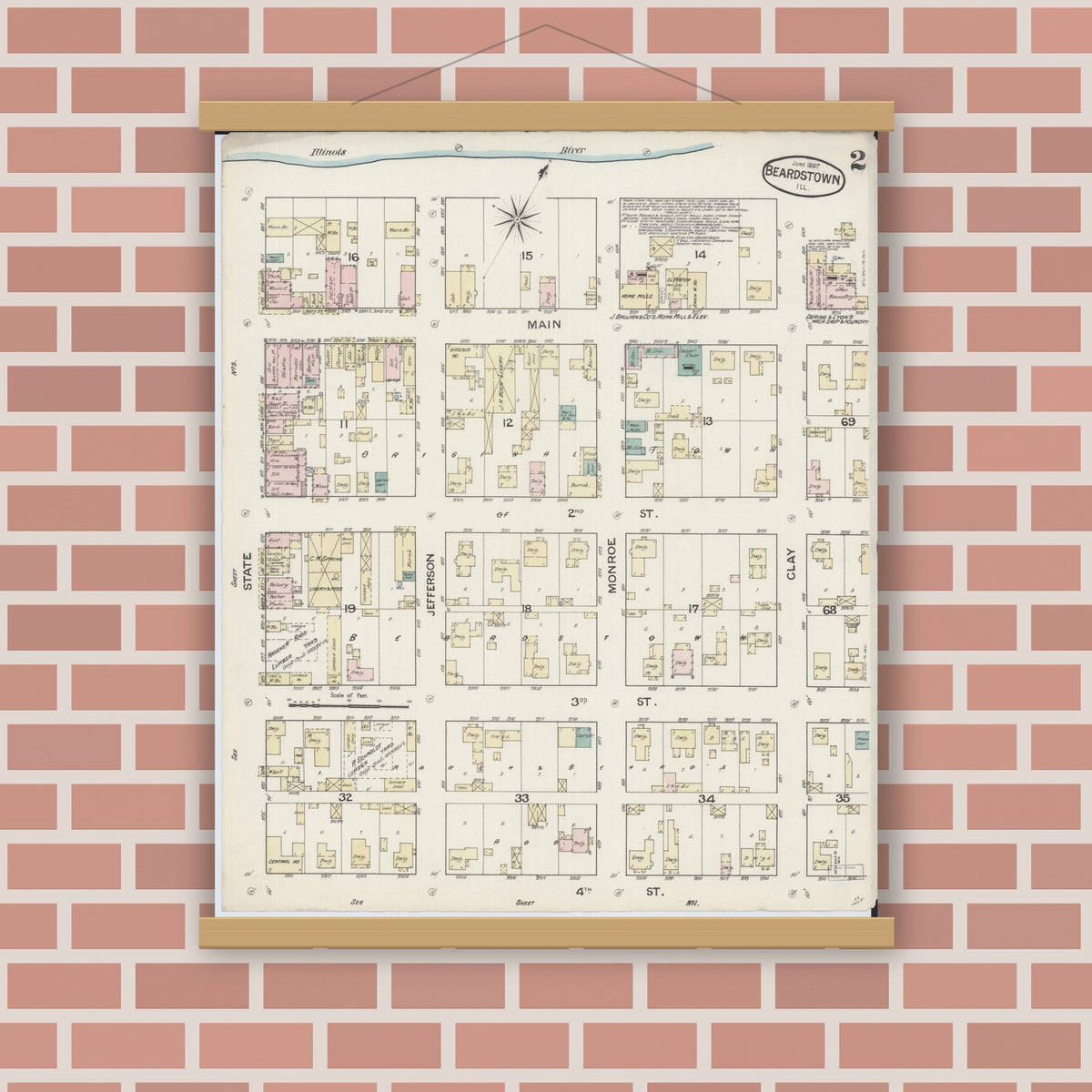Old map wall art mockup — magnetic wood frame on brick wall — Sanborn Fire Insurance Map from Beardstown, Cass County, Illinois (1887), Sheet #0002