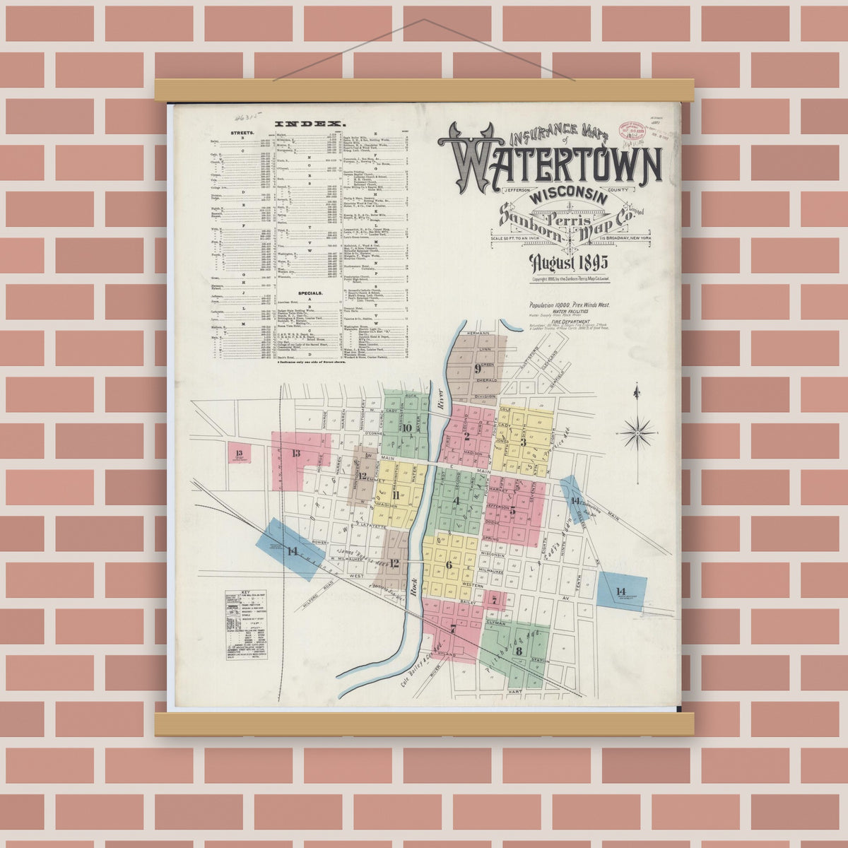 Old map wall art mockup — magnetic wood frame on brick wall — Sanborn Fire Insurance Map from Watertown, Jefferson County, Wisconsin (1895), Sheet #0001