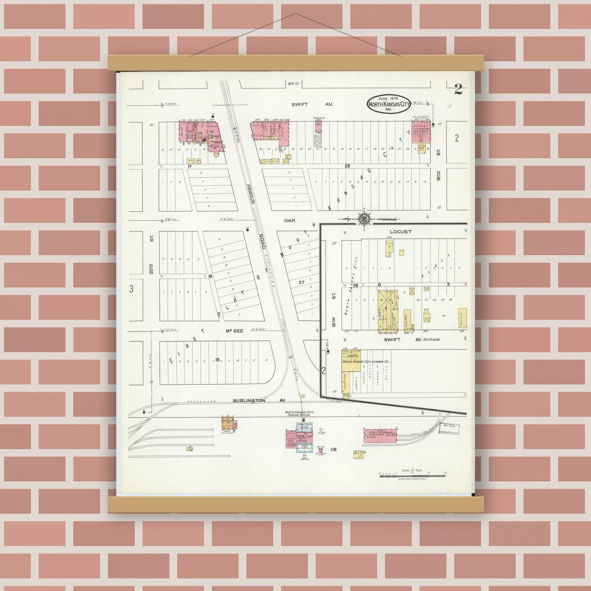Old map wall art mockup — magnetic wood frame on brick wall — Sanborn Fire Insurance Map from North Kansas City, Clay County, Missouri (1918), Sheet #0002