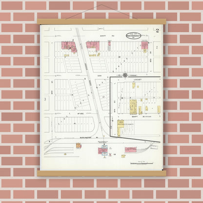 Old map wall art mockup — magnetic wood frame on brick wall — Sanborn Fire Insurance Map from North Kansas City, Clay County, Missouri (1918), Sheet #0002
