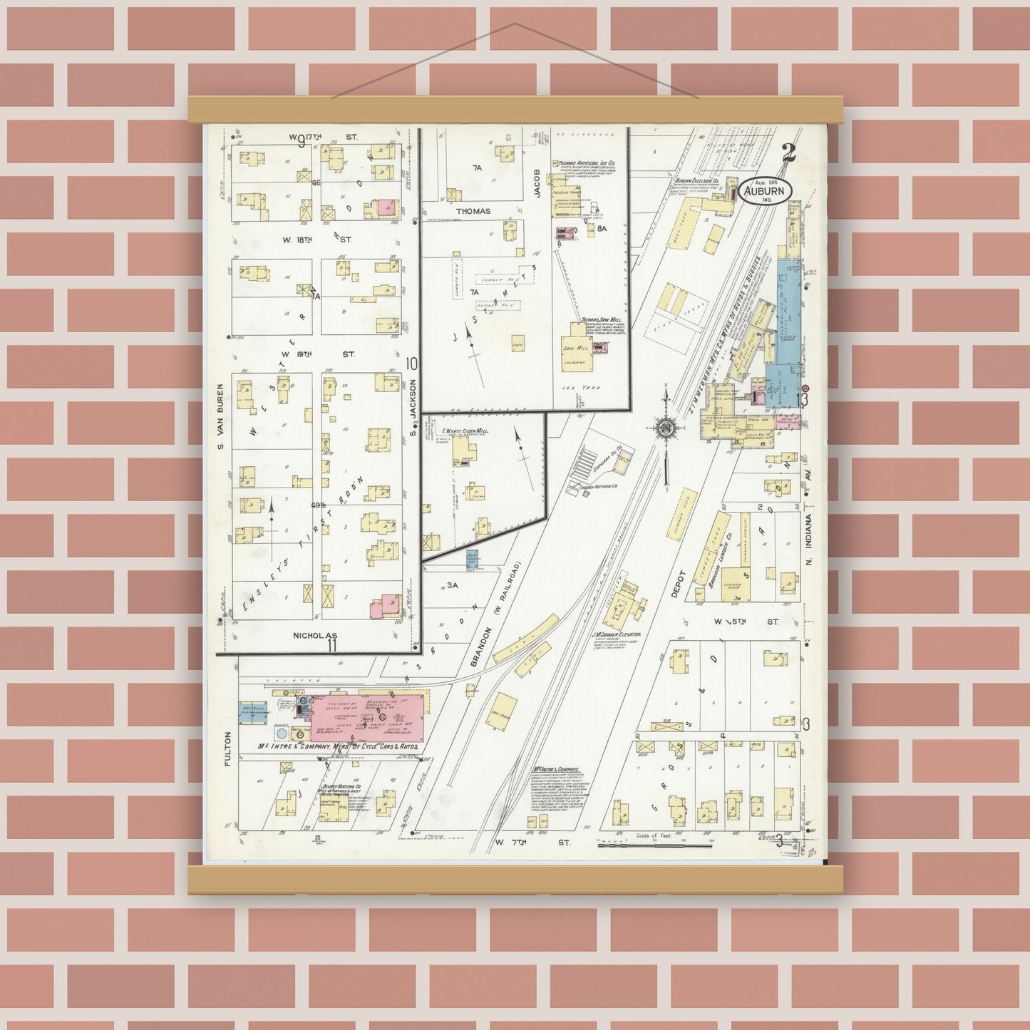 Old map wall art mockup — magnetic wood frame on brick wall — Sanborn Fire Insurance Map from Auburn, De Kalb County, Indiana (1914), Sheet #0002