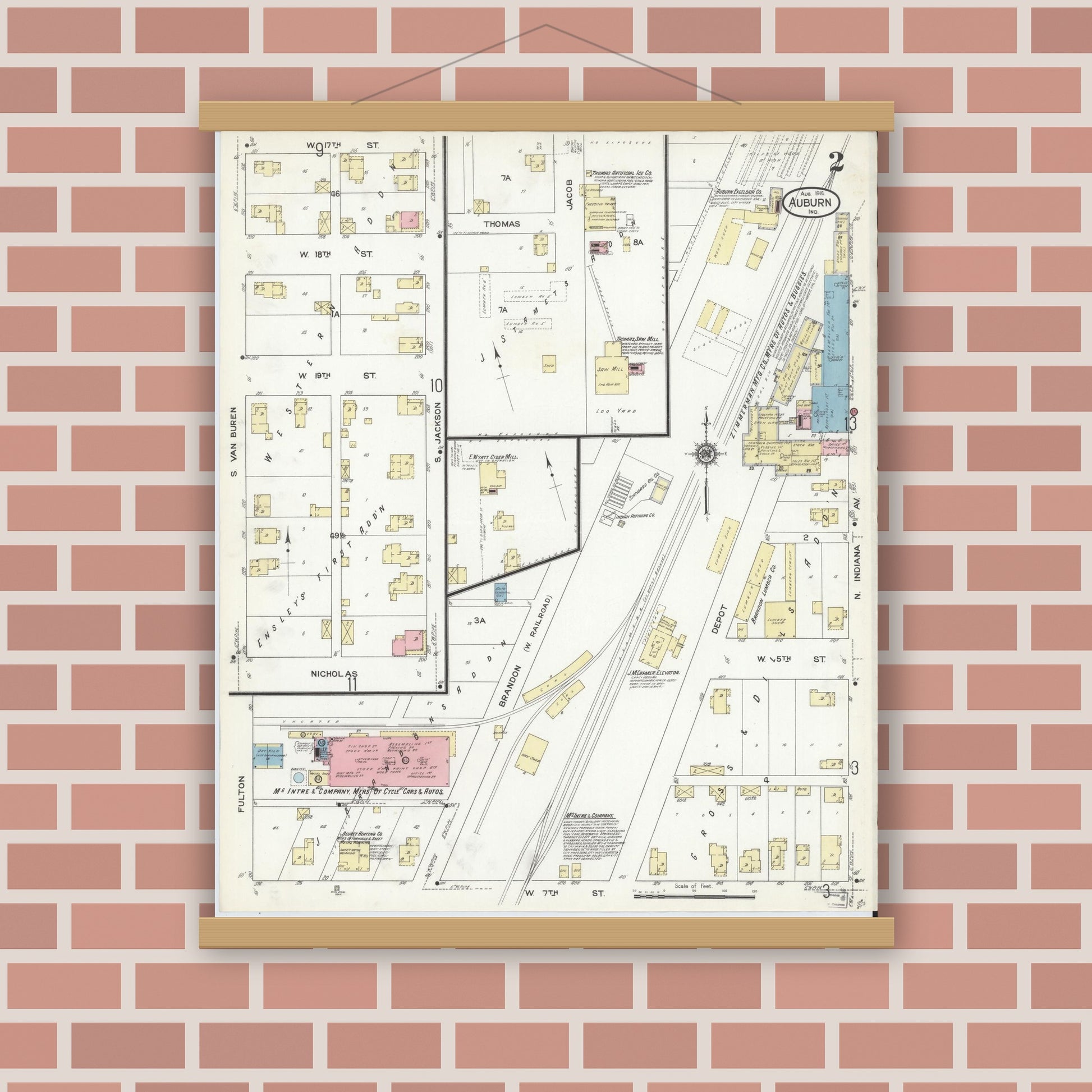 Old map wall art mockup — magnetic wood frame on brick wall — Sanborn Fire Insurance Map from Auburn, De Kalb County, Indiana (1914), Sheet #0002