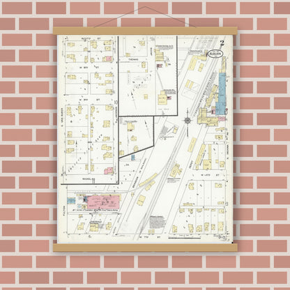 Old map wall art mockup — magnetic wood frame on brick wall — Sanborn Fire Insurance Map from Auburn, De Kalb County, Indiana (1914), Sheet #0002