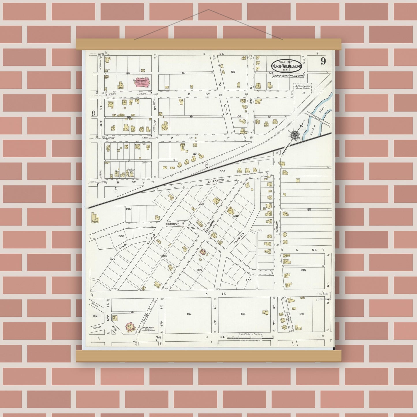 Old map wall art mockup — magnetic wood frame on brick wall — Sanborn Fire Insurance Map from North Wilkesboro, Wilkes County, North Carolina (1920), Sheet #0009