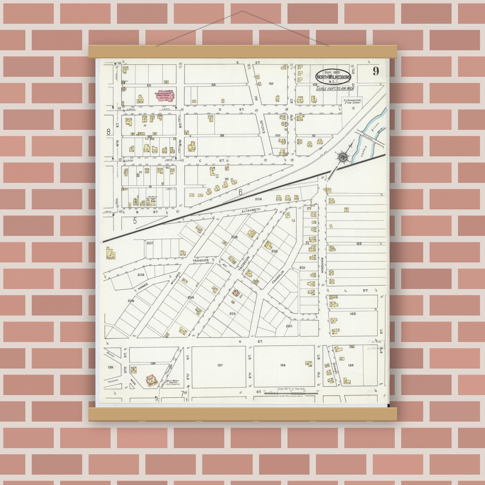 Old map wall art mockup — magnetic wood frame on brick wall — Sanborn Fire Insurance Map from North Wilkesboro, Wilkes County, North Carolina (1920), Sheet #0009