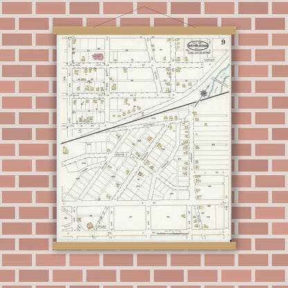 Old map wall art mockup — magnetic wood frame on brick wall — Sanborn Fire Insurance Map from North Wilkesboro, Wilkes County, North Carolina (1920), Sheet #0009