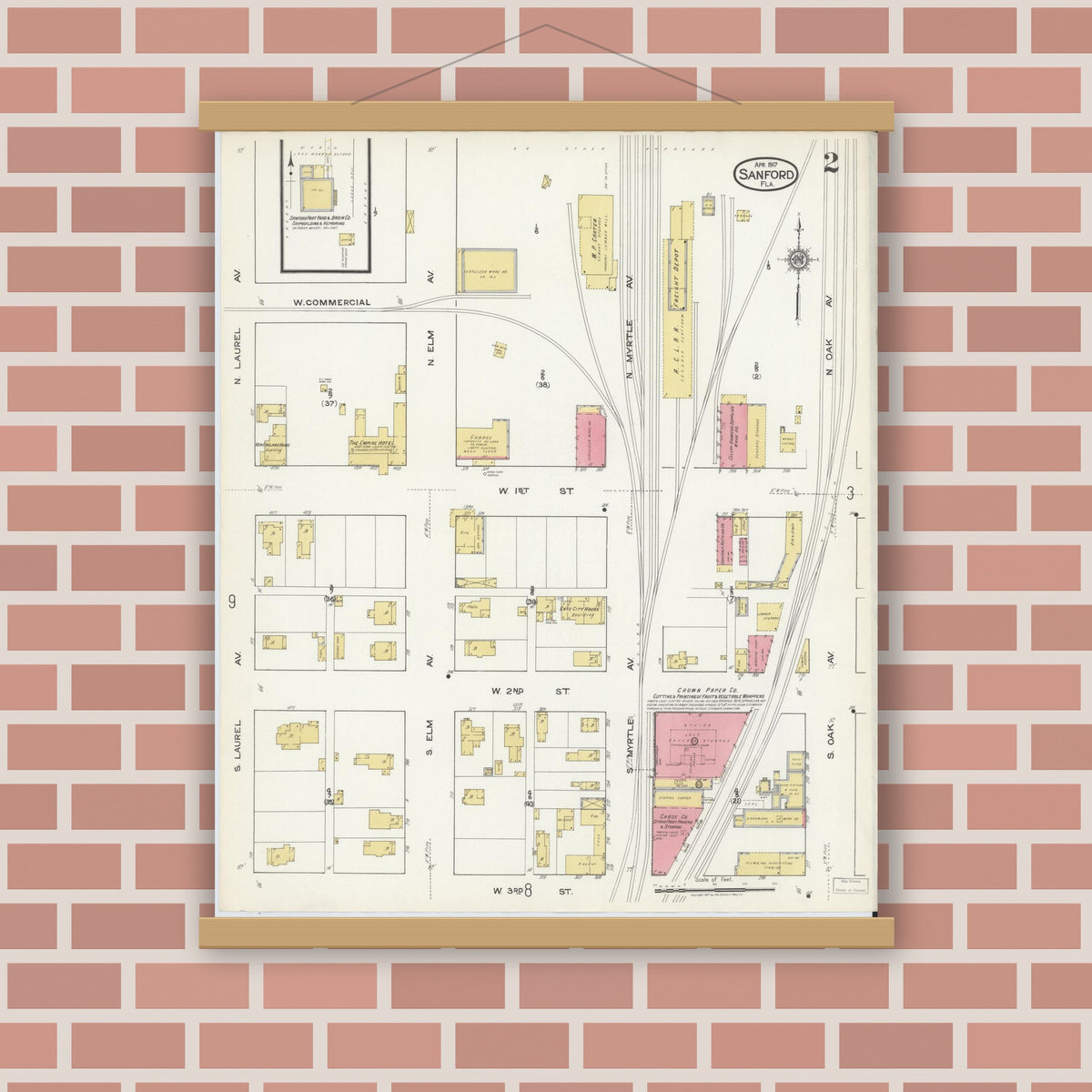 Old map wall art mockup — magnetic wood frame on brick wall — Sanborn Fire Insurance Map from Sanford, Seminole County, Florida (1917), Sheet #0002