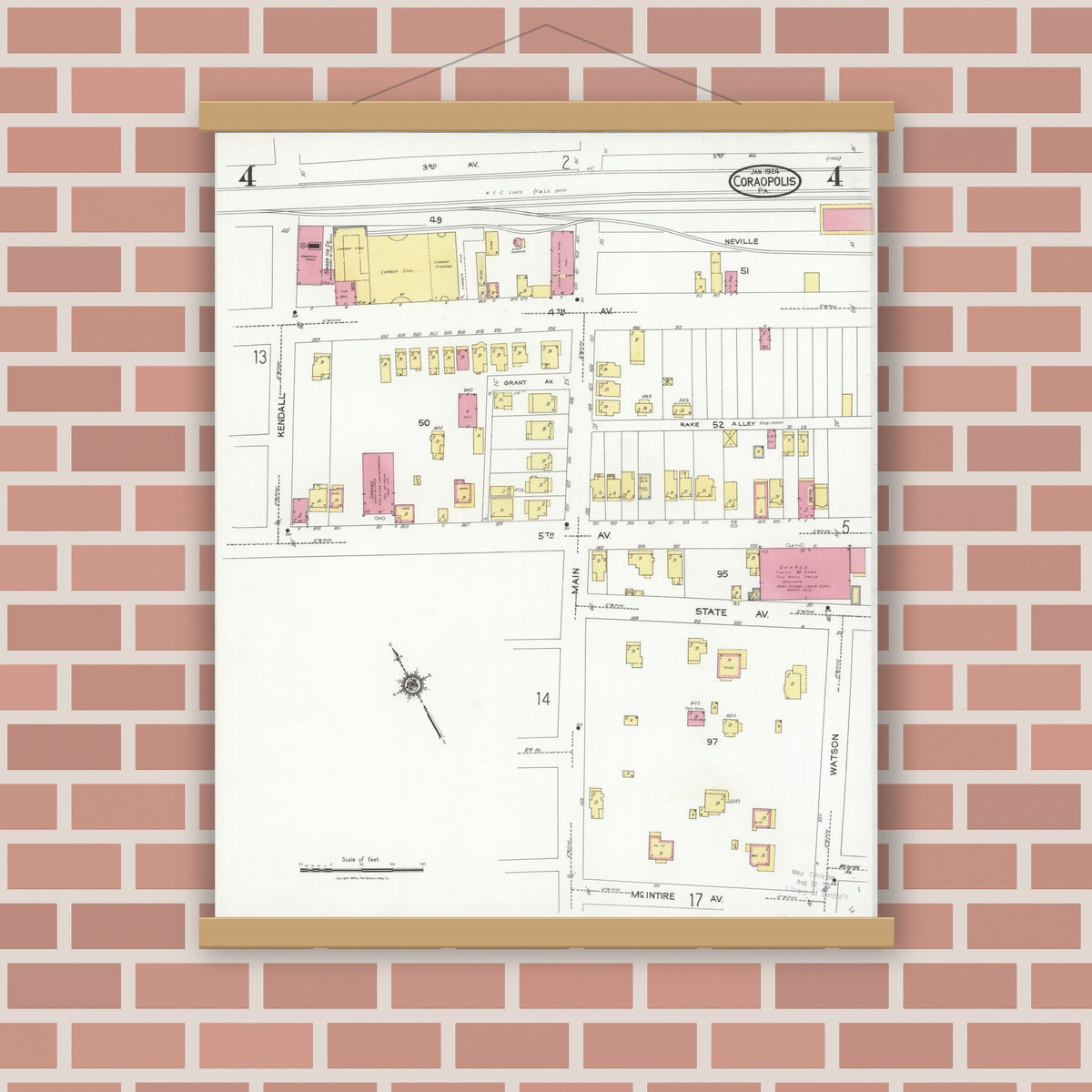 Old map wall art mockup — magnetic wood frame on brick wall — Sanborn Fire Insurance Map from Coraopolis, Allegheny County, Pennsylvania (1924), Sheet #0004