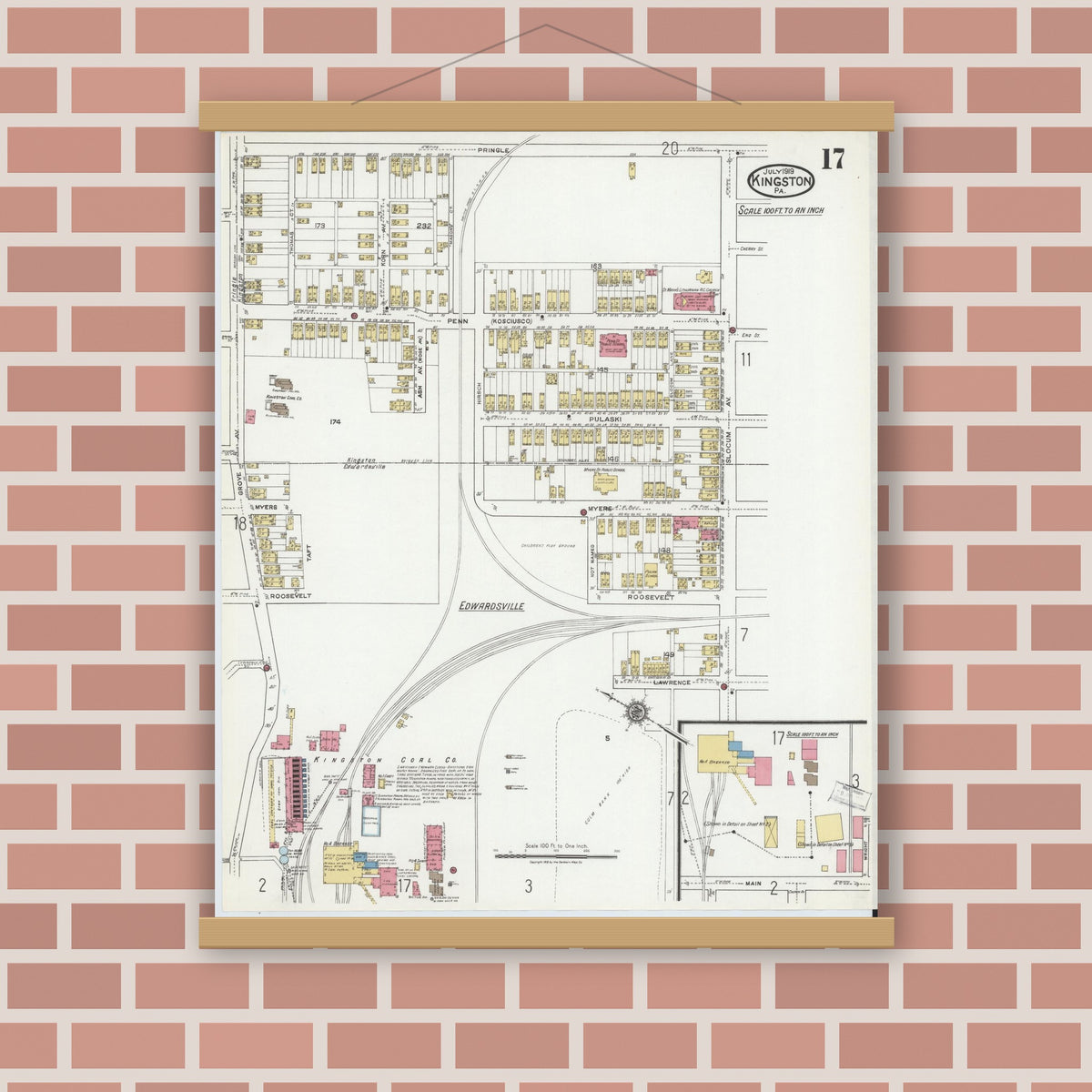 Old map wall art mockup — magnetic wood frame on brick wall — Sanborn Fire Insurance Map from Kingston, Luzerne County, Pennsylvania (1919), Sheet #0017