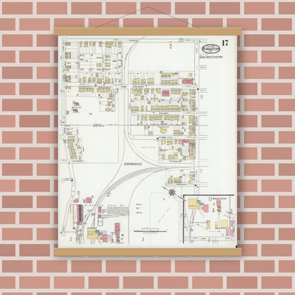 Old map wall art mockup — magnetic wood frame on brick wall — Sanborn Fire Insurance Map from Kingston, Luzerne County, Pennsylvania (1919), Sheet #0017
