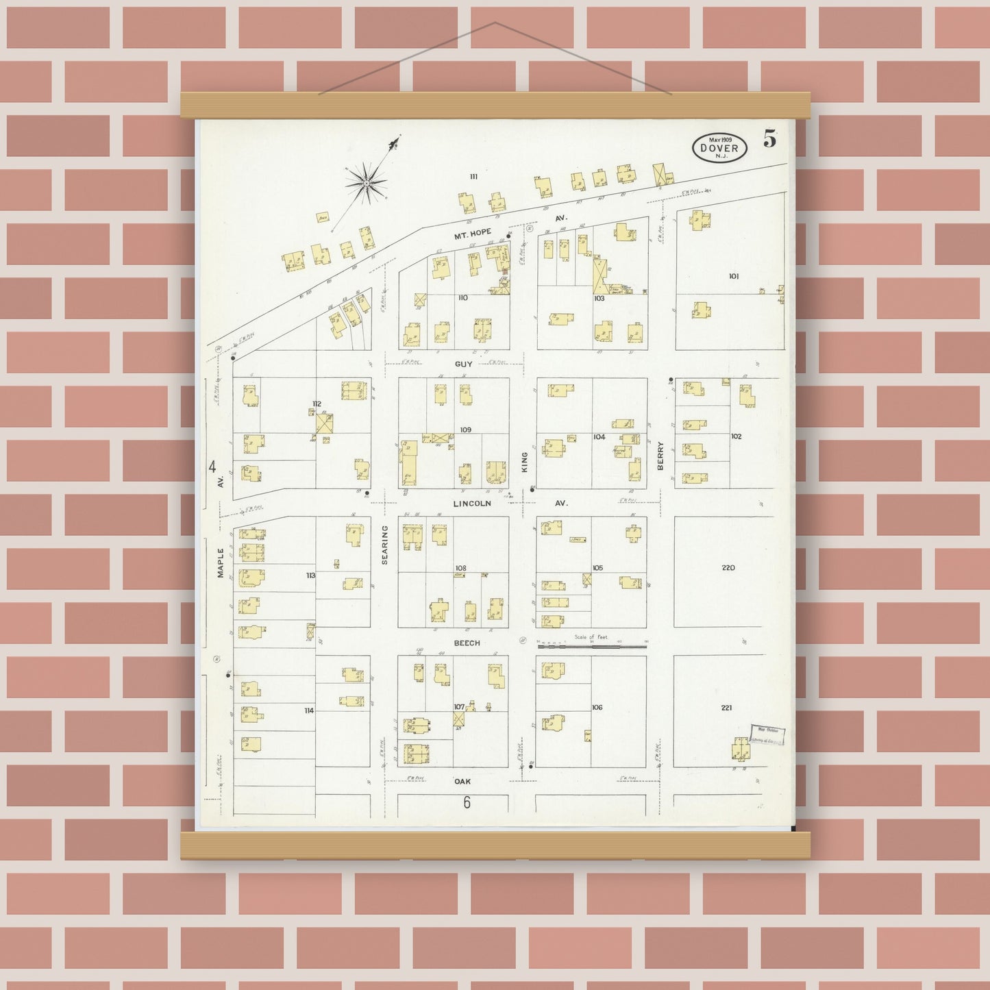 Old map wall art mockup — magnetic wood frame on brick wall — Sanborn Fire Insurance Map from Dover, Morris County, New Jersey (1909), Sheet #0005