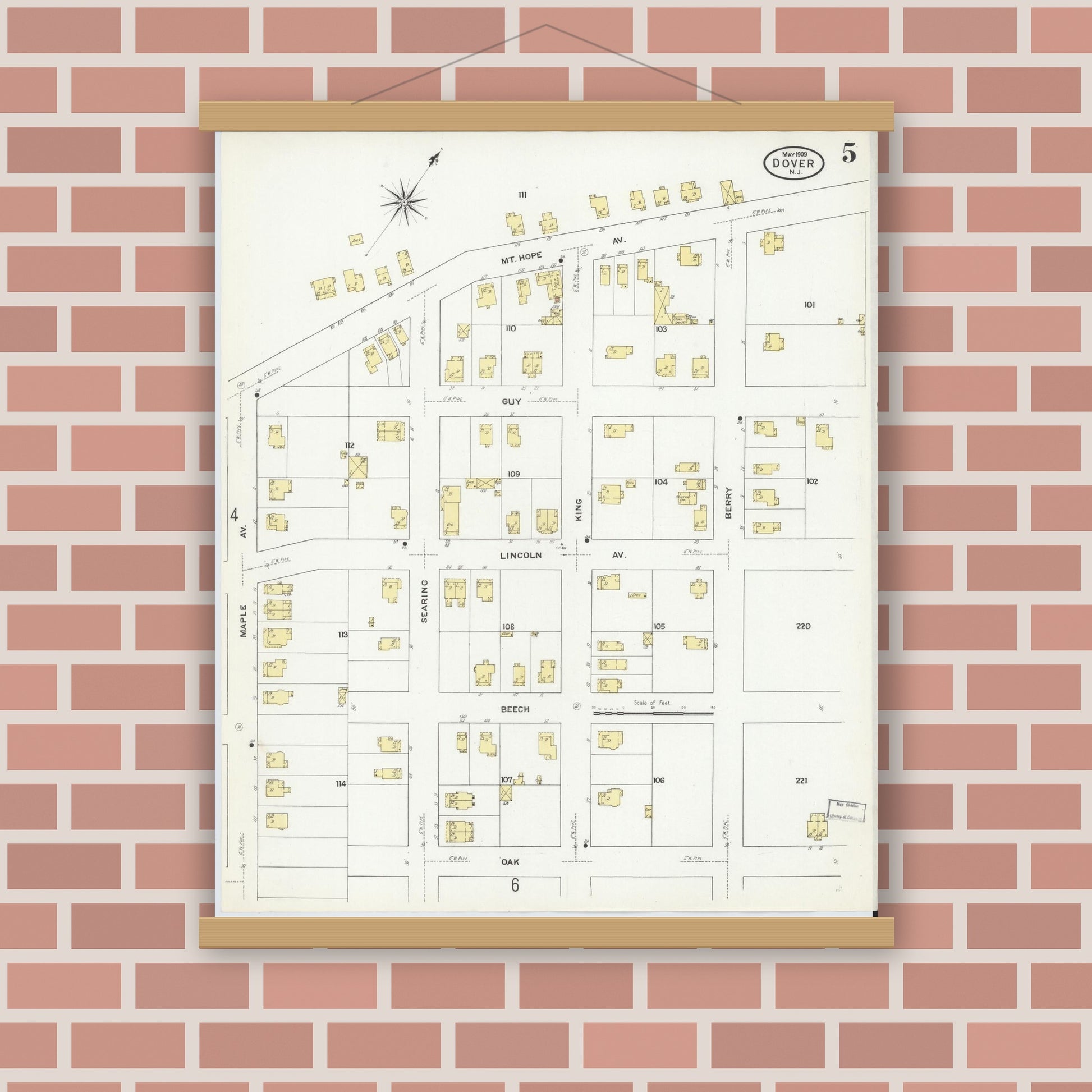 Old map wall art mockup — magnetic wood frame on brick wall — Sanborn Fire Insurance Map from Dover, Morris County, New Jersey (1909), Sheet #0005