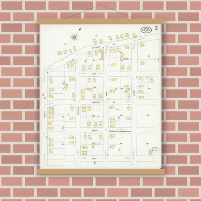 Old map wall art mockup — magnetic wood frame on brick wall — Sanborn Fire Insurance Map from Dover, Morris County, New Jersey (1909), Sheet #0005