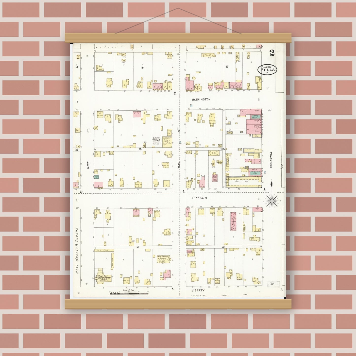 Old map wall art mockup — magnetic wood frame on brick wall — Sanborn Fire Insurance Map from Pella, Marion County, Iowa (1906), Sheet #0002