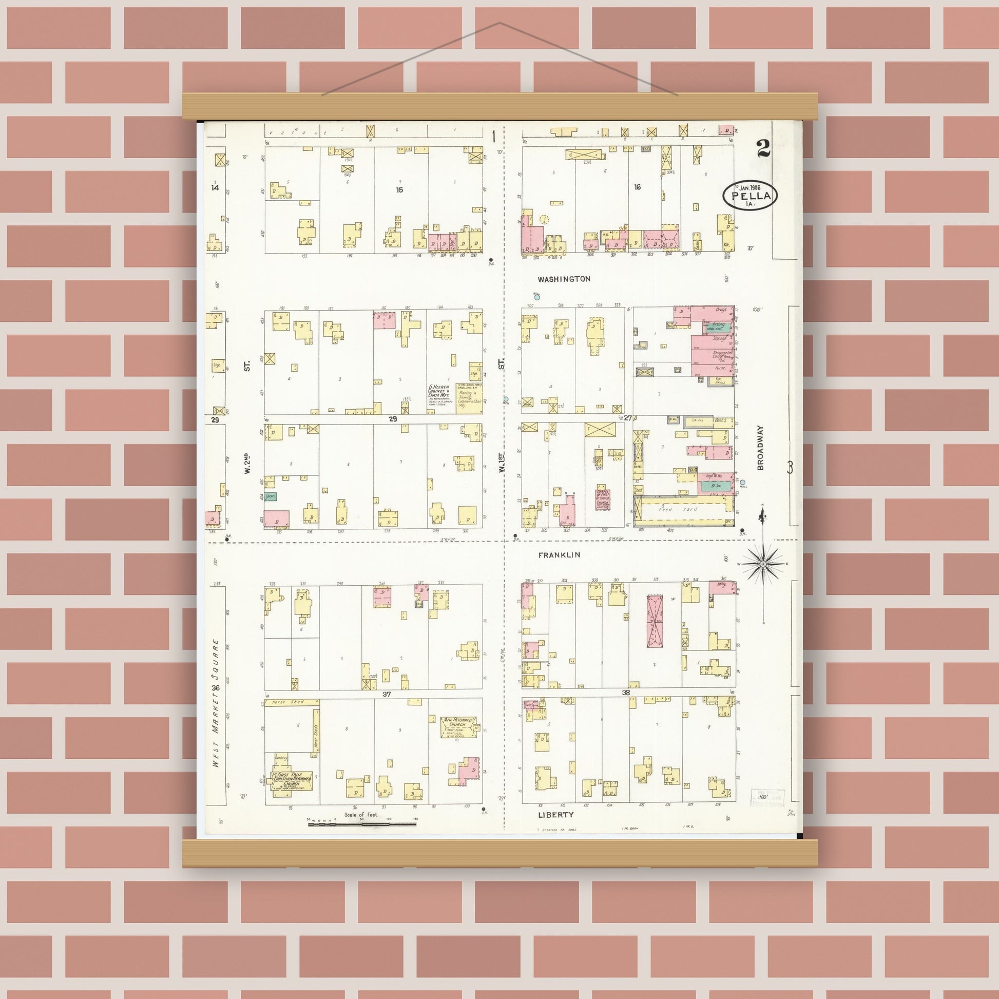 Old map wall art mockup — magnetic wood frame on brick wall — Sanborn Fire Insurance Map from Pella, Marion County, Iowa (1906), Sheet #0002