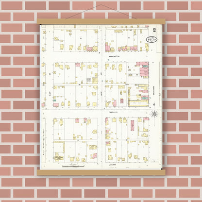 Old map wall art mockup — magnetic wood frame on brick wall — Sanborn Fire Insurance Map from Pella, Marion County, Iowa (1906), Sheet #0002