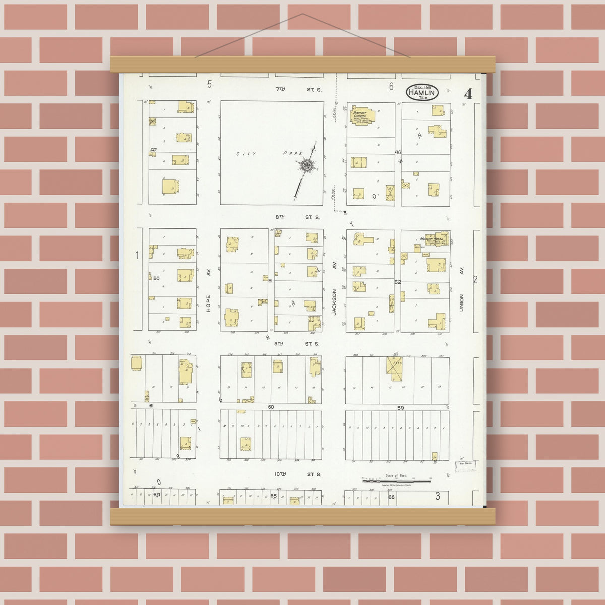Old map wall art mockup — magnetic wood frame on brick wall — Sanborn Fire Insurance Map from Hamlin, Jones County, Texas (1919), Sheet #0004