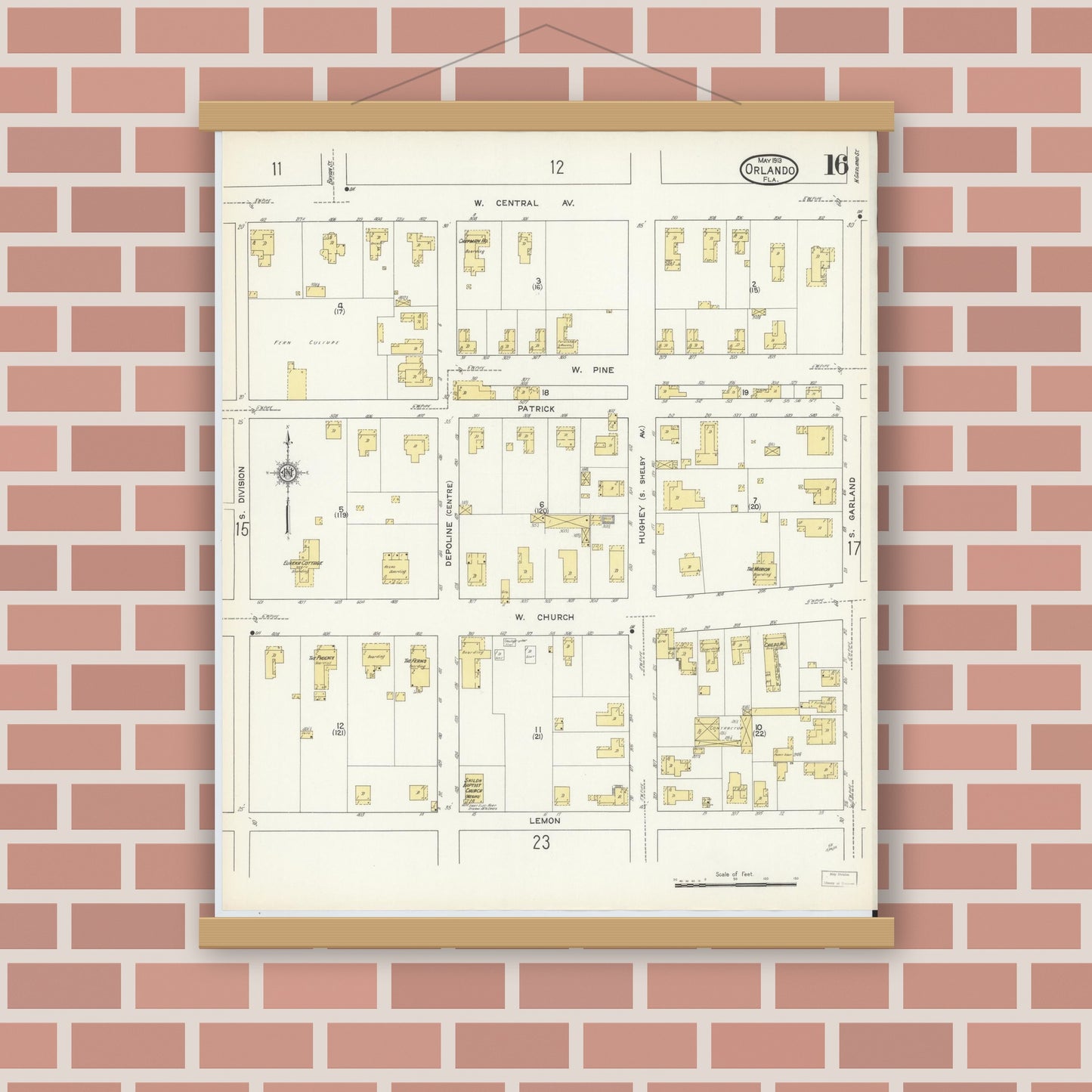 Old map wall art mockup — magnetic wood frame on brick wall — Sanborn Fire Insurance Map from Orlando, Orange County, Florida (1913), Sheet #0016