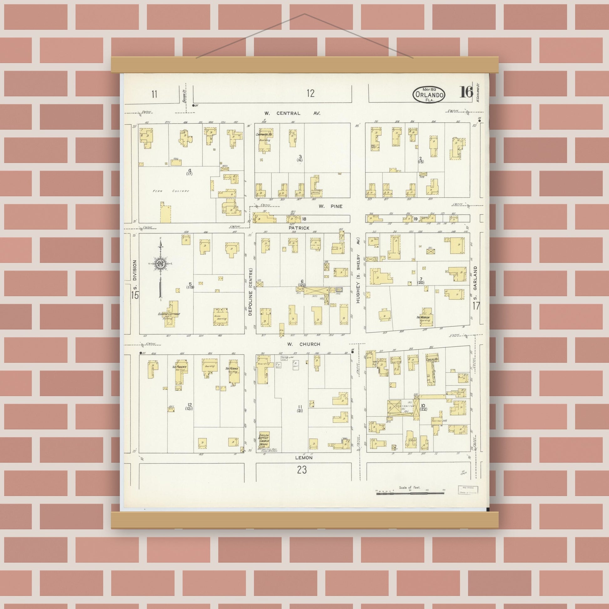 Old map wall art mockup — magnetic wood frame on brick wall — Sanborn Fire Insurance Map from Orlando, Orange County, Florida (1913), Sheet #0016