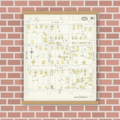 Old map wall art mockup — magnetic wood frame on brick wall — Sanborn Fire Insurance Map from Orlando, Orange County, Florida (1913), Sheet #0016