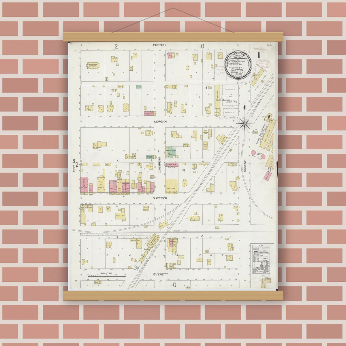 Old map wall art mockup — magnetic wood frame on brick wall — Sanborn Fire Insurance Map from Chapin, Morgan County, Illinois (1898) - Complete Map Set