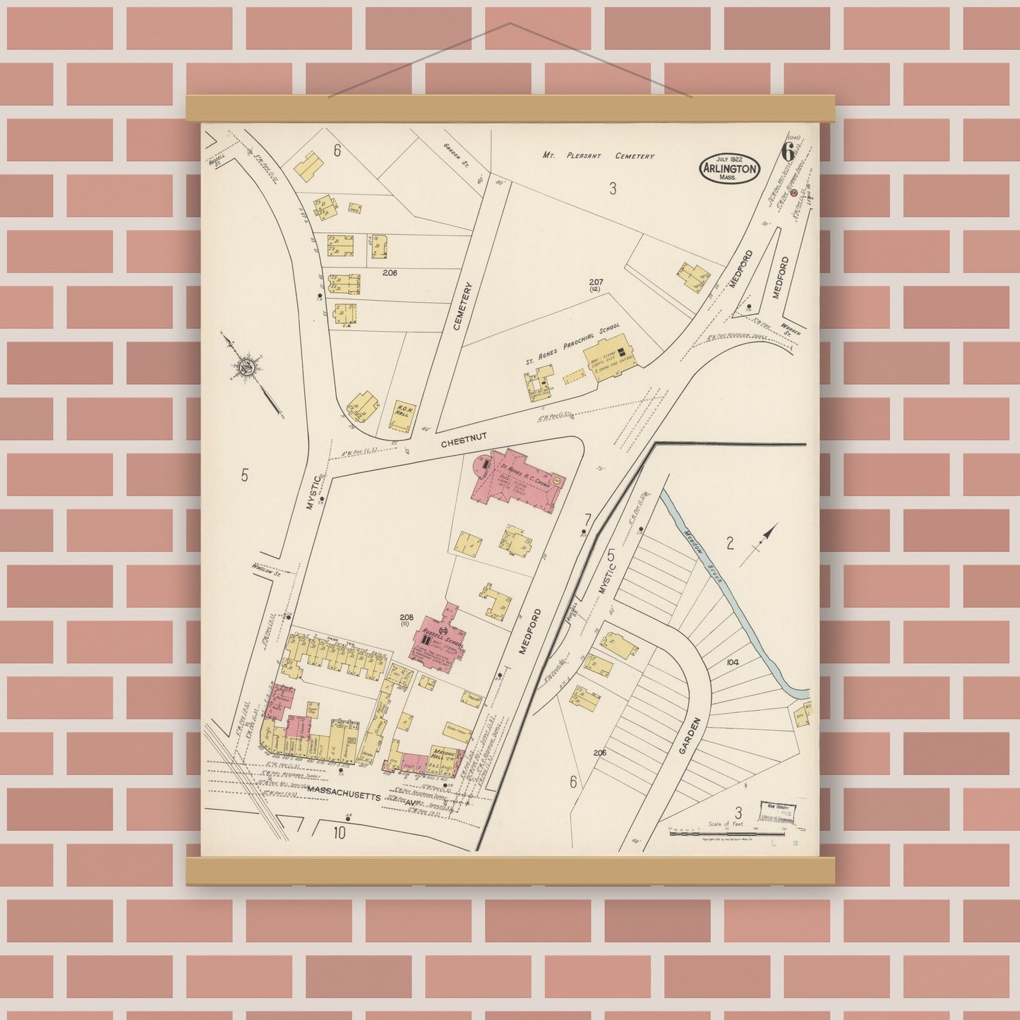 Old map wall art mockup — magnetic wood frame on brick wall — Sanborn Fire Insurance Map from Arlington, Middlesex County, Massachusetts (1922), Sheet #0006