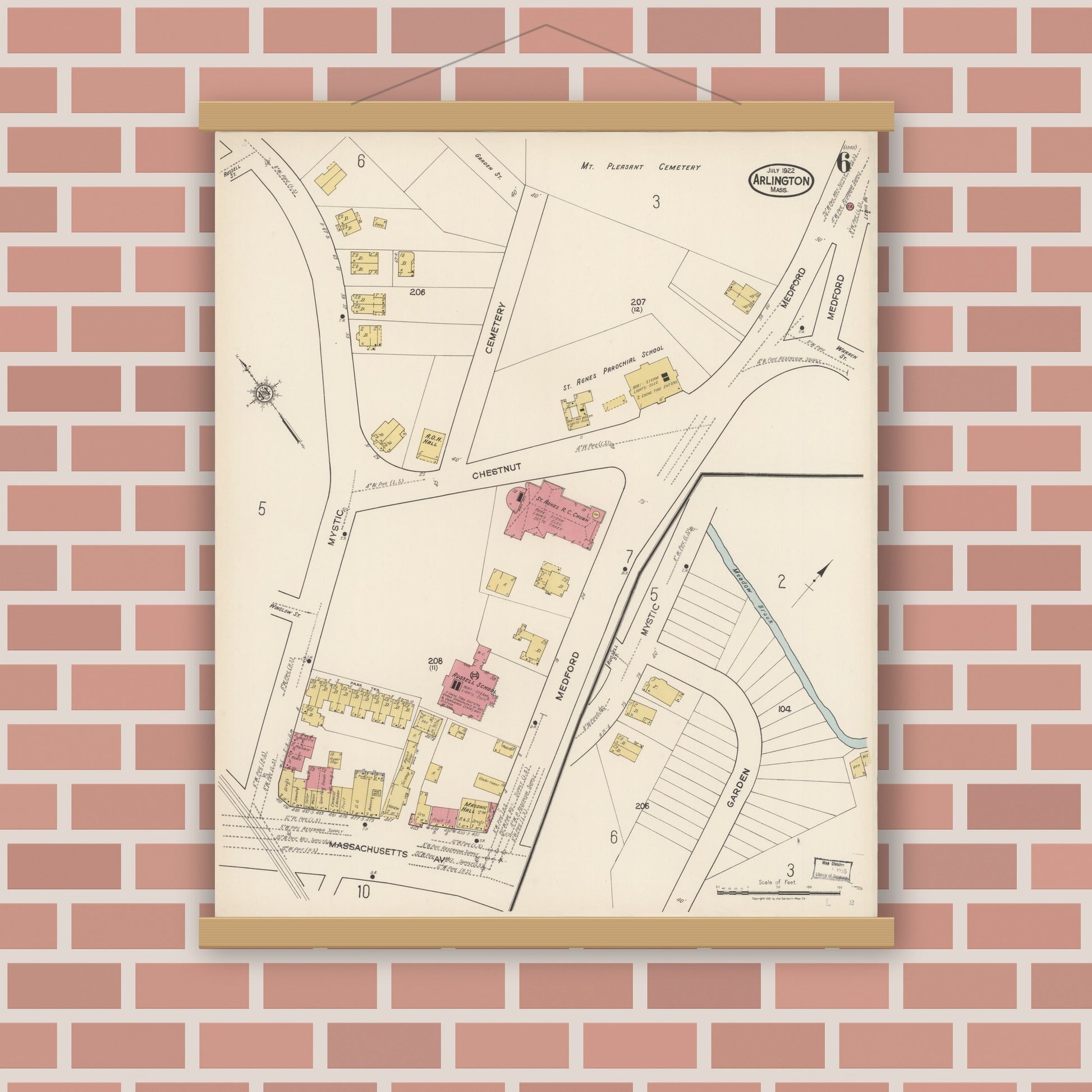 Old map wall art mockup — magnetic wood frame on brick wall — Sanborn Fire Insurance Map from Arlington, Middlesex County, Massachusetts (1922), Sheet #0006