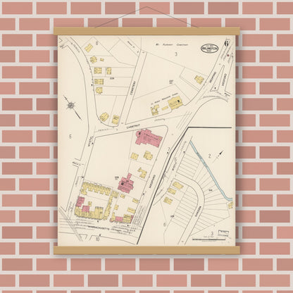 Old map wall art mockup — magnetic wood frame on brick wall — Sanborn Fire Insurance Map from Arlington, Middlesex County, Massachusetts (1922), Sheet #0006