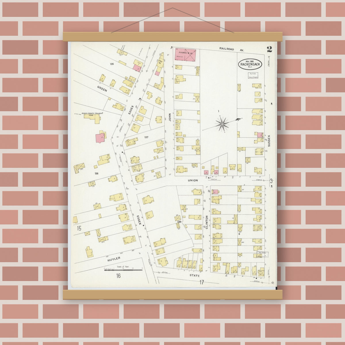 Old map wall art mockup — magnetic wood frame on brick wall — Sanborn Fire Insurance Map from Hackensack, Bergen County, New Jersey (1908) - Complete Map Set
