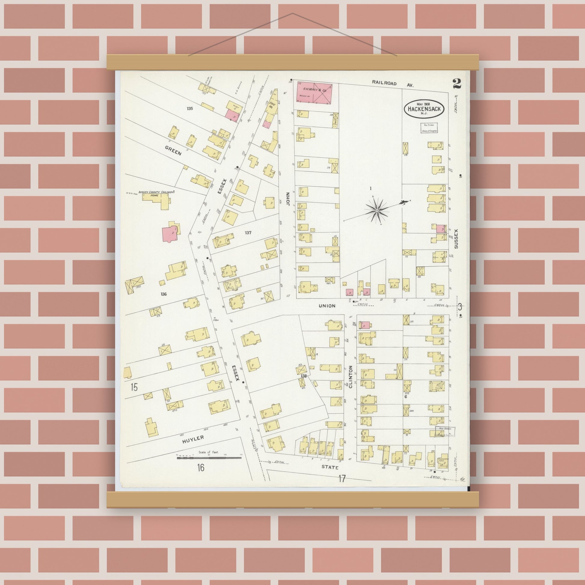 Old map wall art mockup — magnetic wood frame on brick wall — Sanborn Fire Insurance Map from Hackensack, Bergen County, New Jersey (1908) - Complete Map Set