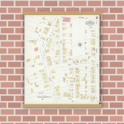 Old map wall art mockup — magnetic wood frame on brick wall — Sanborn Fire Insurance Map from Hackensack, Bergen County, New Jersey (1908) - Complete Map Set