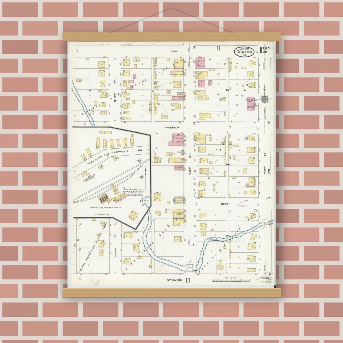 Old map wall art mockup — magnetic wood frame on brick wall — Sanborn Fire Insurance Map from Clinton, Vermillion County, Indiana (1910), Sheet #0012