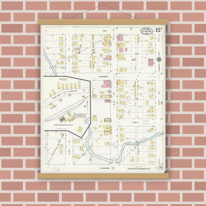 Old map wall art mockup — magnetic wood frame on brick wall — Sanborn Fire Insurance Map from Clinton, Vermillion County, Indiana (1910), Sheet #0012