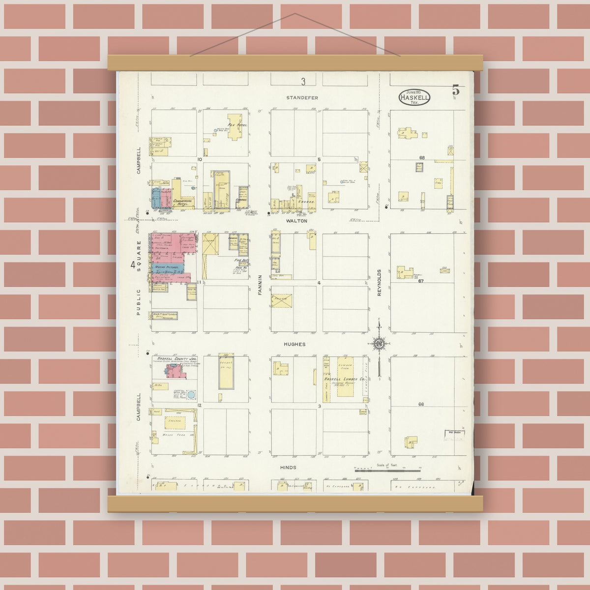 Old map wall art mockup — magnetic wood frame on brick wall — Sanborn Fire Insurance Map from Haskell, Haskell County, Texas (1913), Sheet #0005