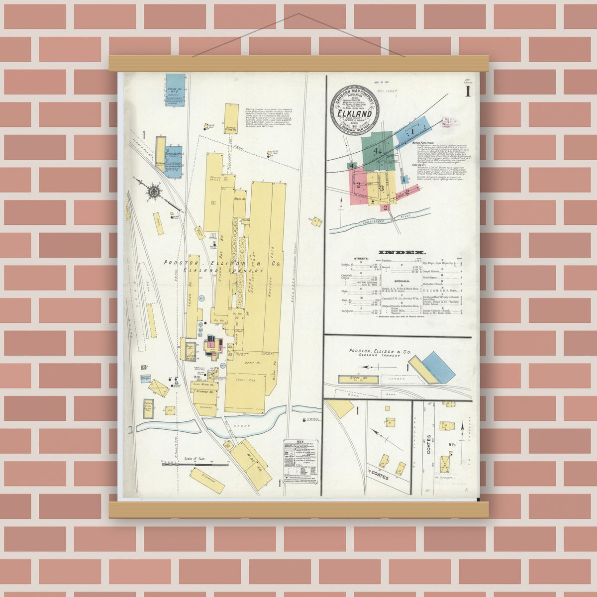 Old map wall art mockup — magnetic wood frame on brick wall — Sanborn Fire Insurance Map from Elkland, Tioga County, Pennsylvania (1911) - Complete Map Set