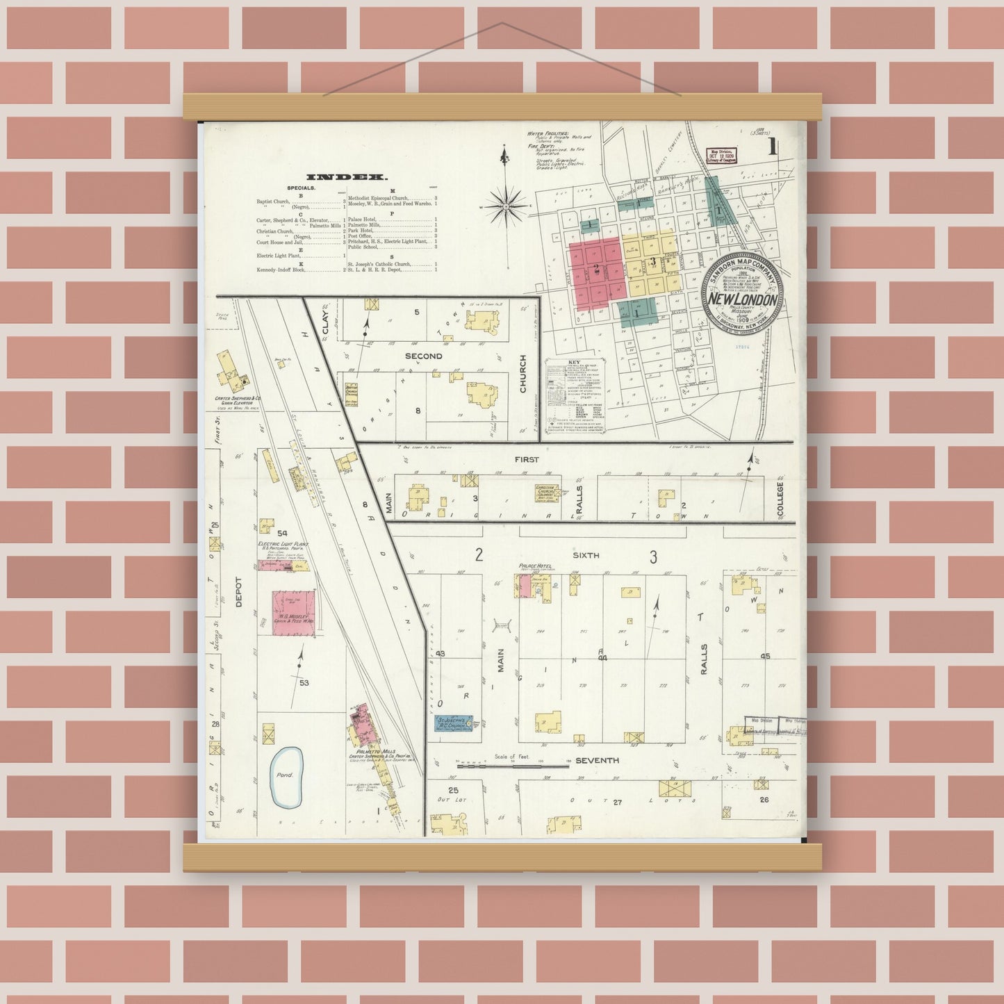 Old map wall art mockup — magnetic wood frame on brick wall — Sanborn Fire Insurance Map from New London, Ralls County, Missouri (1909), Sheet #0001