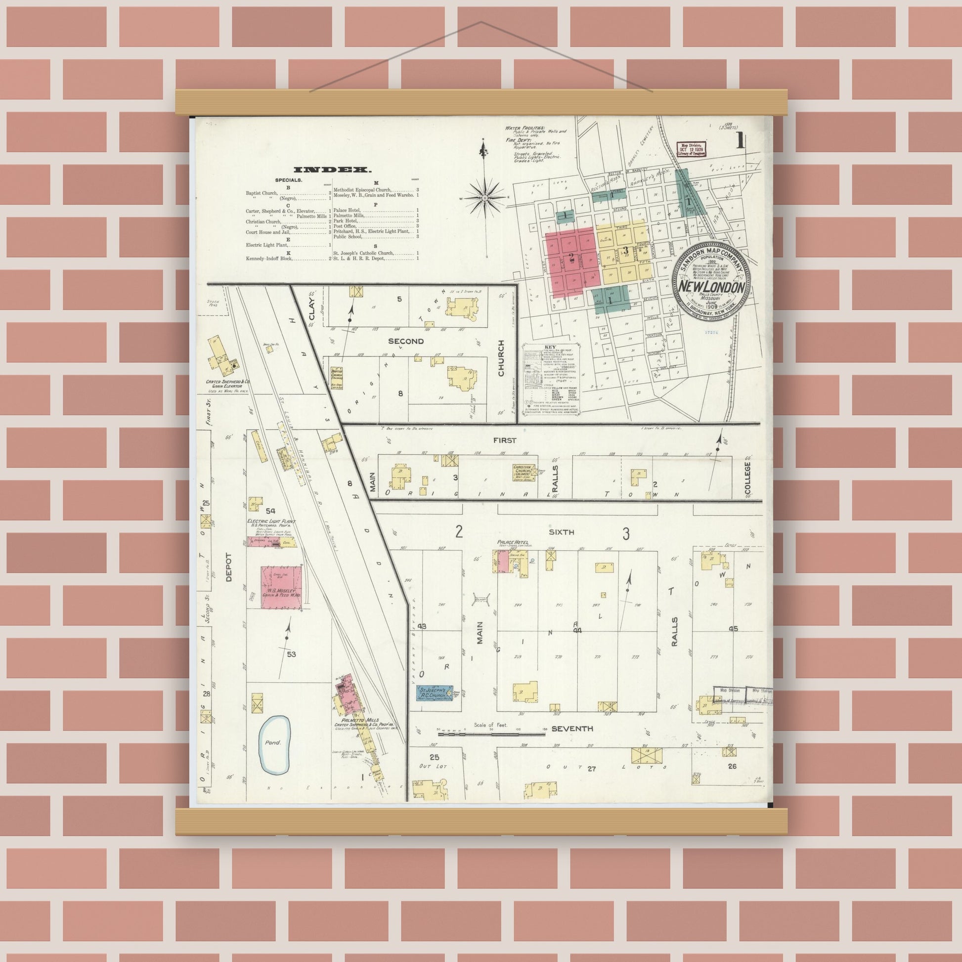 Old map wall art mockup — magnetic wood frame on brick wall — Sanborn Fire Insurance Map from New London, Ralls County, Missouri (1909), Sheet #0001
