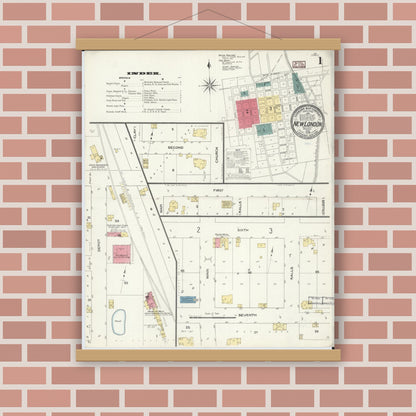 Old map wall art mockup — magnetic wood frame on brick wall — Sanborn Fire Insurance Map from New London, Ralls County, Missouri (1909), Sheet #0001