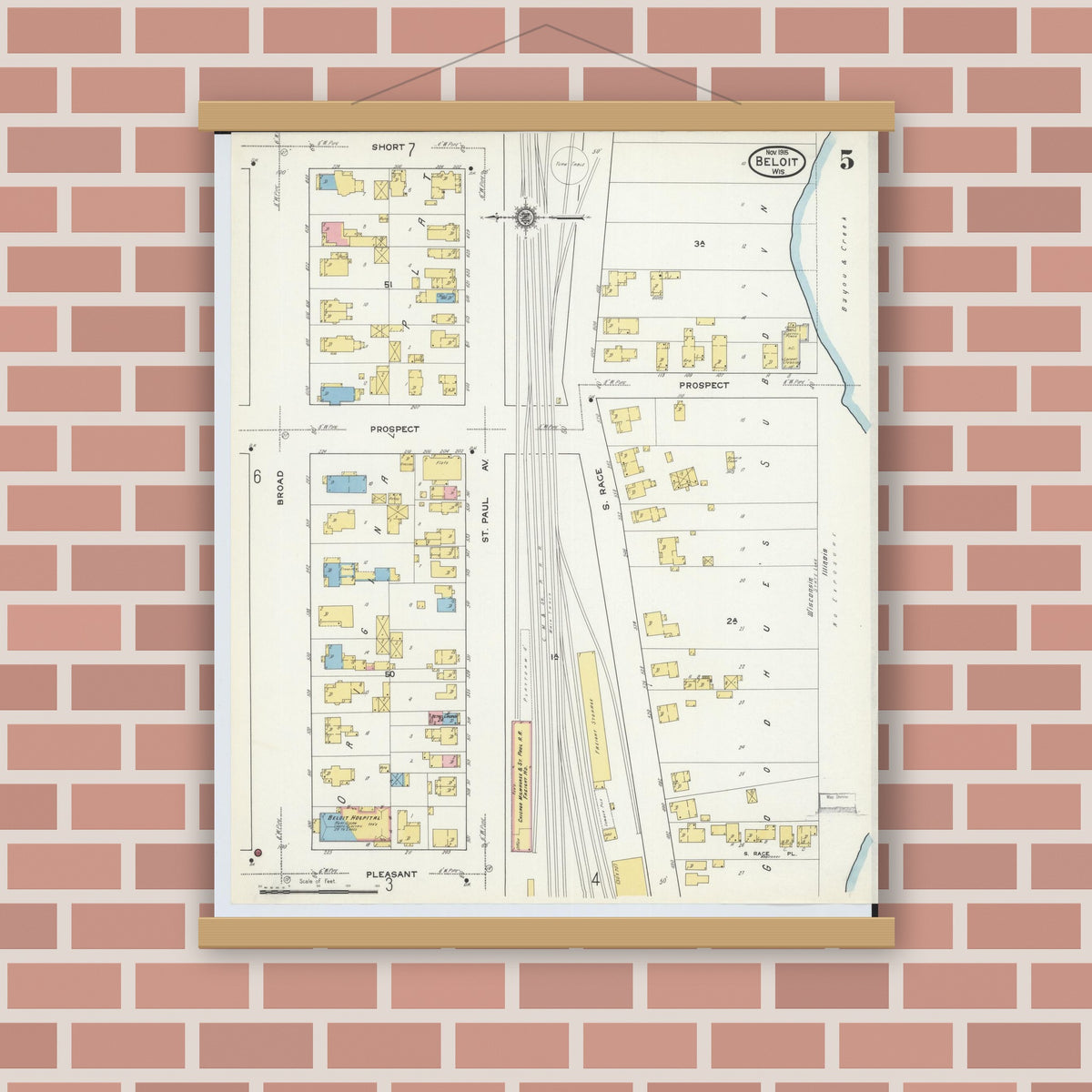 Old map wall art mockup — magnetic wood frame on brick wall — Sanborn Fire Insurance Map from Beloit, Rock County, Wisconsin (1915), Sheet #0005