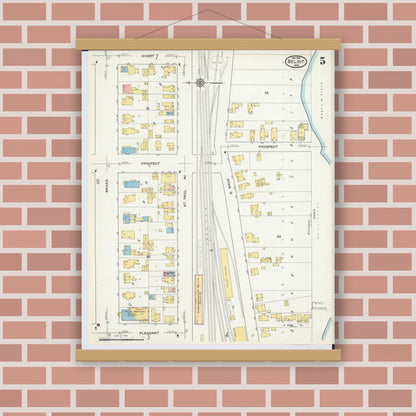Old map wall art mockup — magnetic wood frame on brick wall — Sanborn Fire Insurance Map from Beloit, Rock County, Wisconsin (1915), Sheet #0005