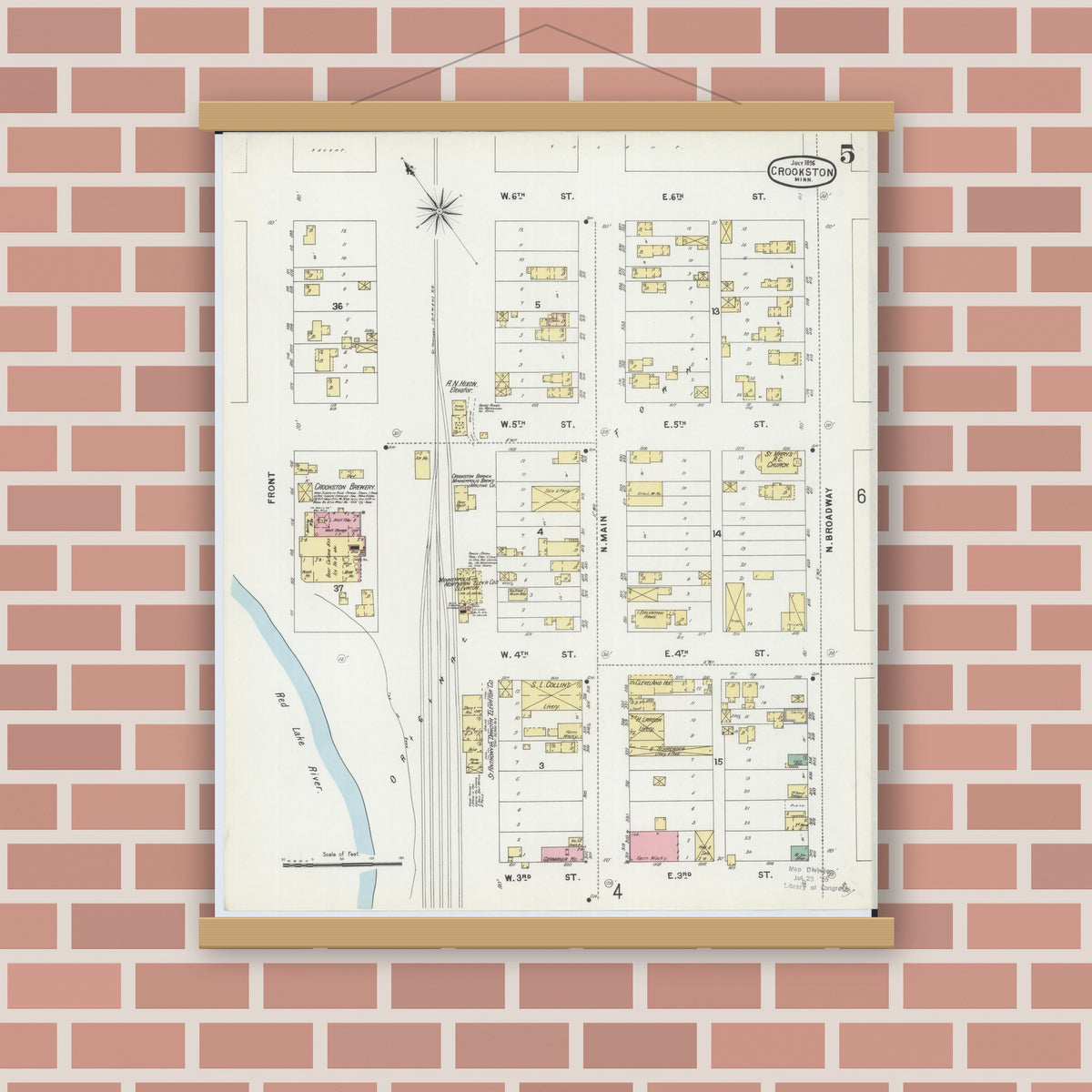 Old map wall art mockup — magnetic wood frame on brick wall — Sanborn Fire Insurance Map from Crookston, Polk County, Minnesota (1896), Sheet #0005