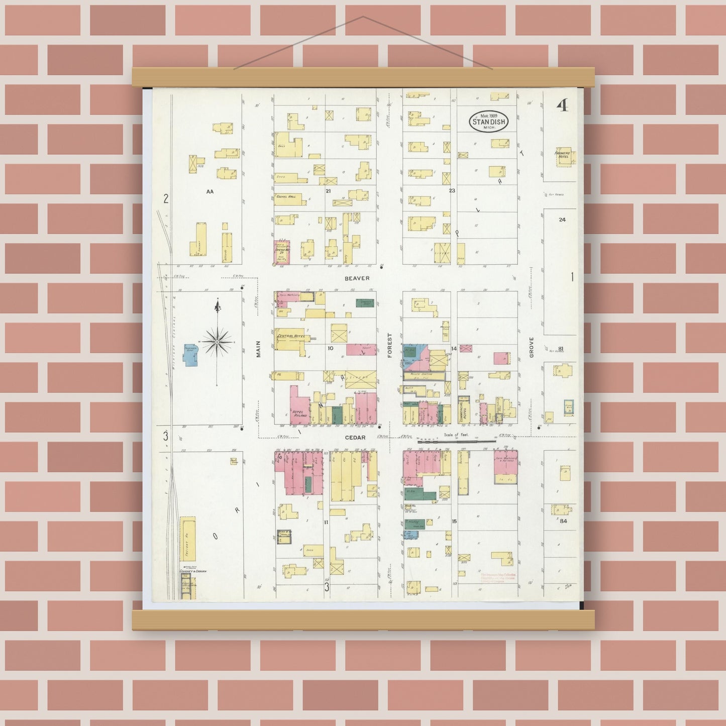 Old map wall art mockup — magnetic wood frame on brick wall — Sanborn Fire Insurance Map from Standish, Arenac County, Michigan (1909), Sheet #0004