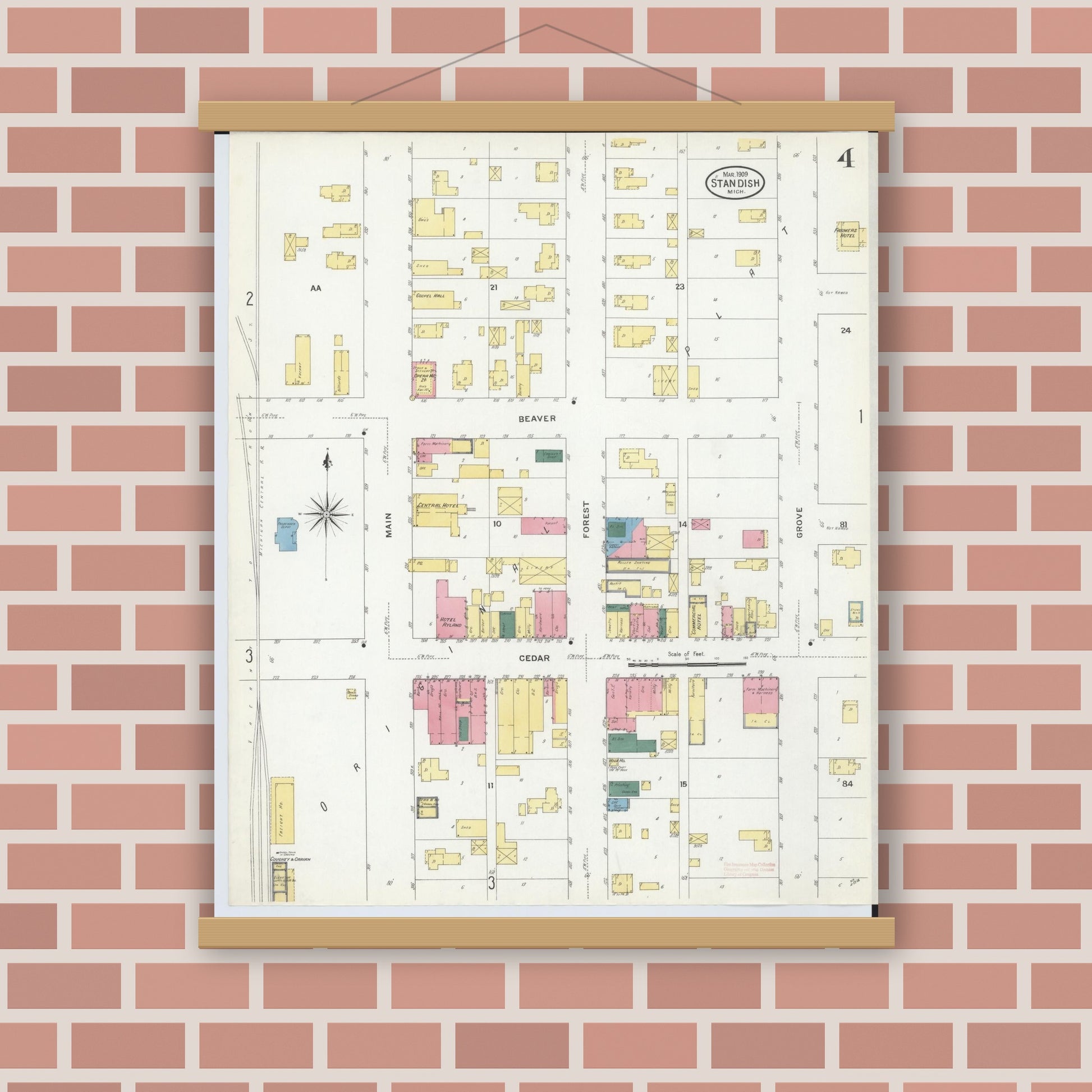 Old map wall art mockup — magnetic wood frame on brick wall — Sanborn Fire Insurance Map from Standish, Arenac County, Michigan (1909), Sheet #0004