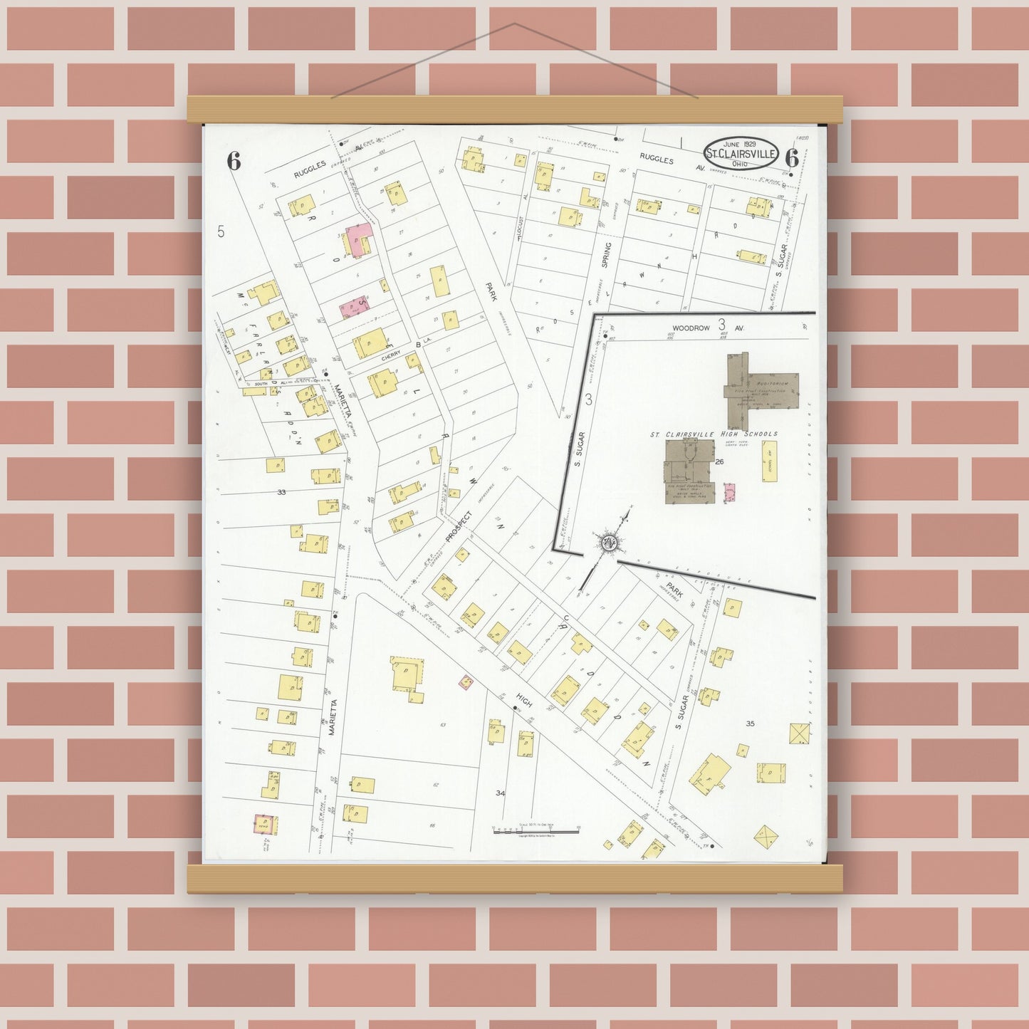 Old map wall art mockup — magnetic wood frame on brick wall — Sanborn Fire Insurance Map from Saint Clairsville, Belmont County, Ohio (1929), Sheet #0006