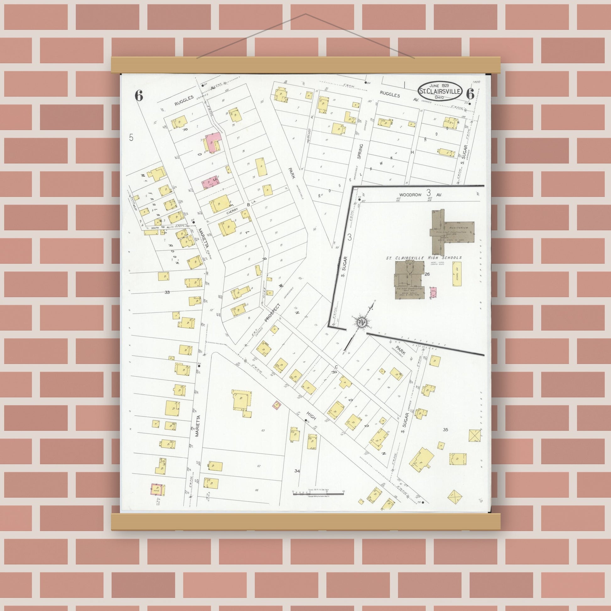 Old map wall art mockup — magnetic wood frame on brick wall — Sanborn Fire Insurance Map from Saint Clairsville, Belmont County, Ohio (1929), Sheet #0006