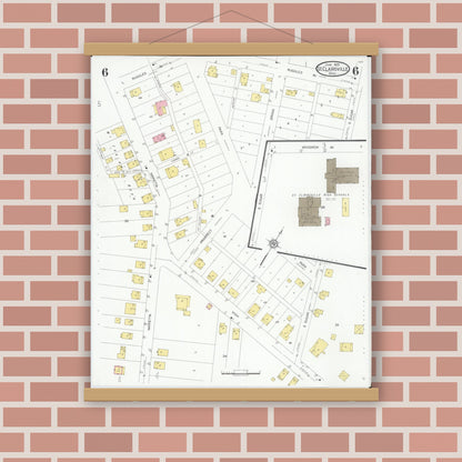 Old map wall art mockup — magnetic wood frame on brick wall — Sanborn Fire Insurance Map from Saint Clairsville, Belmont County, Ohio (1929), Sheet #0006