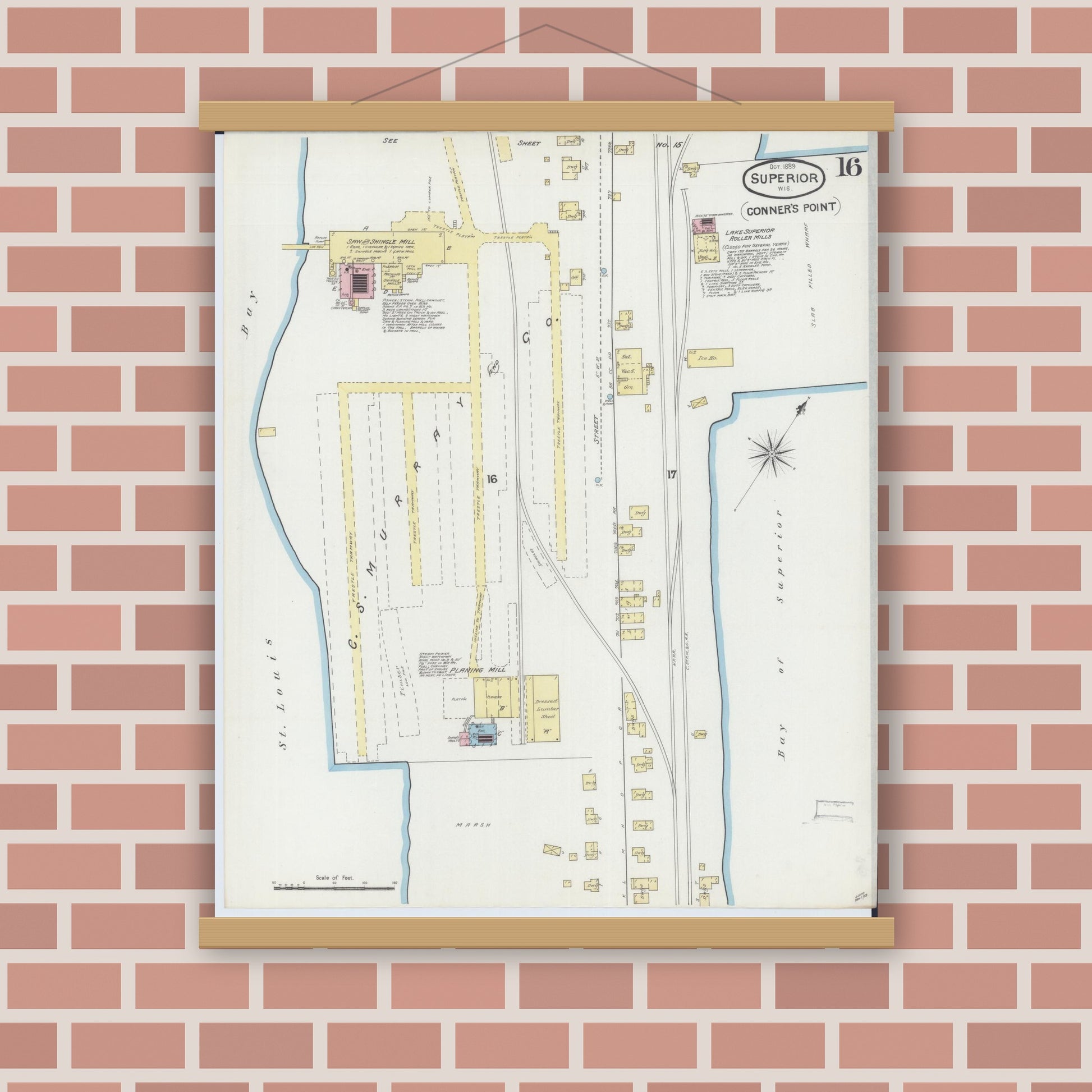 Old map wall art mockup — magnetic wood frame on brick wall — Sanborn Fire Insurance Map from Superior, Douglas County, Wisconsin (1889), Sheet #0016