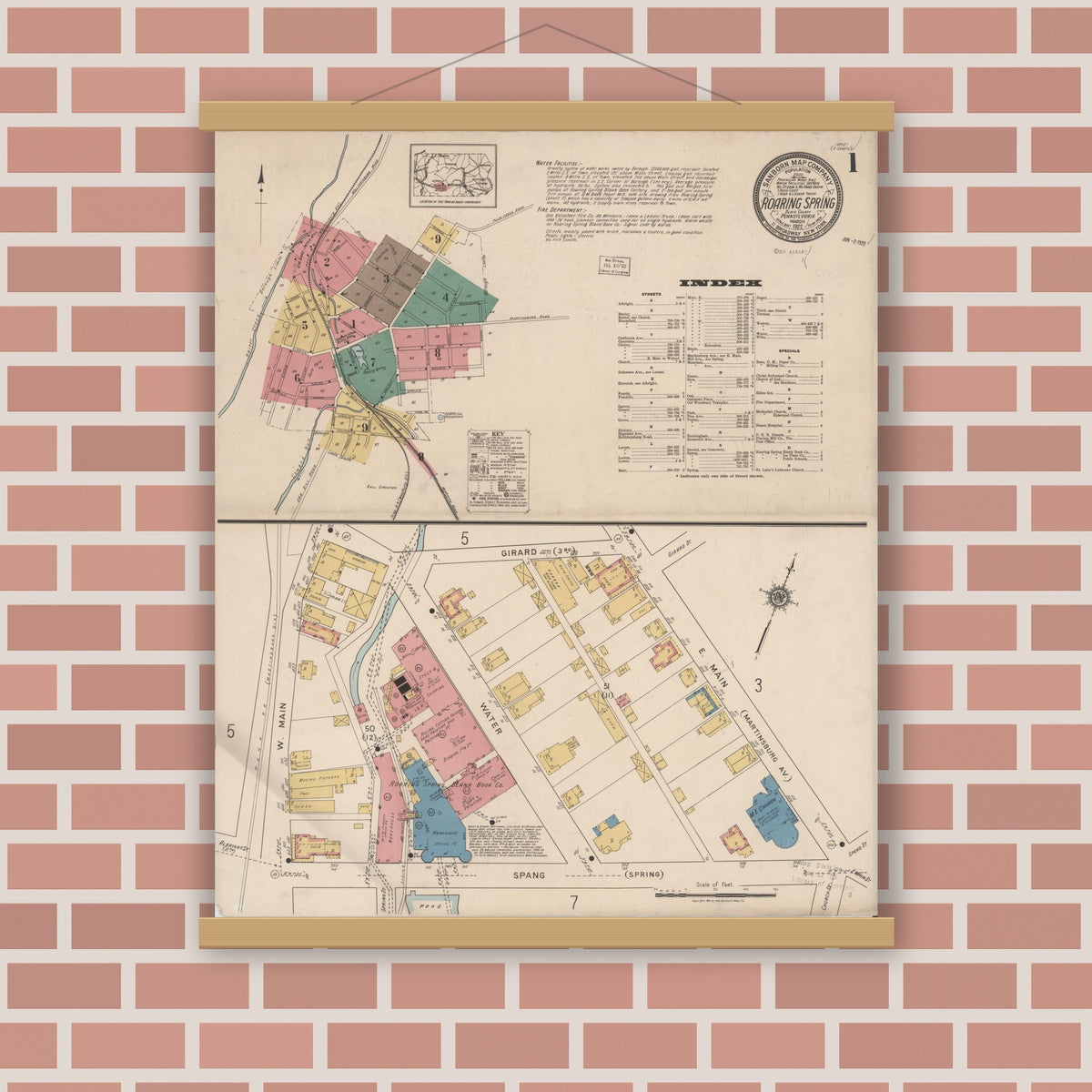 Old map wall art mockup — magnetic wood frame on brick wall — Sanborn Fire Insurance Map from Roaring Spring, Blair County, Pennsylvania (1922) - Complete Map Set