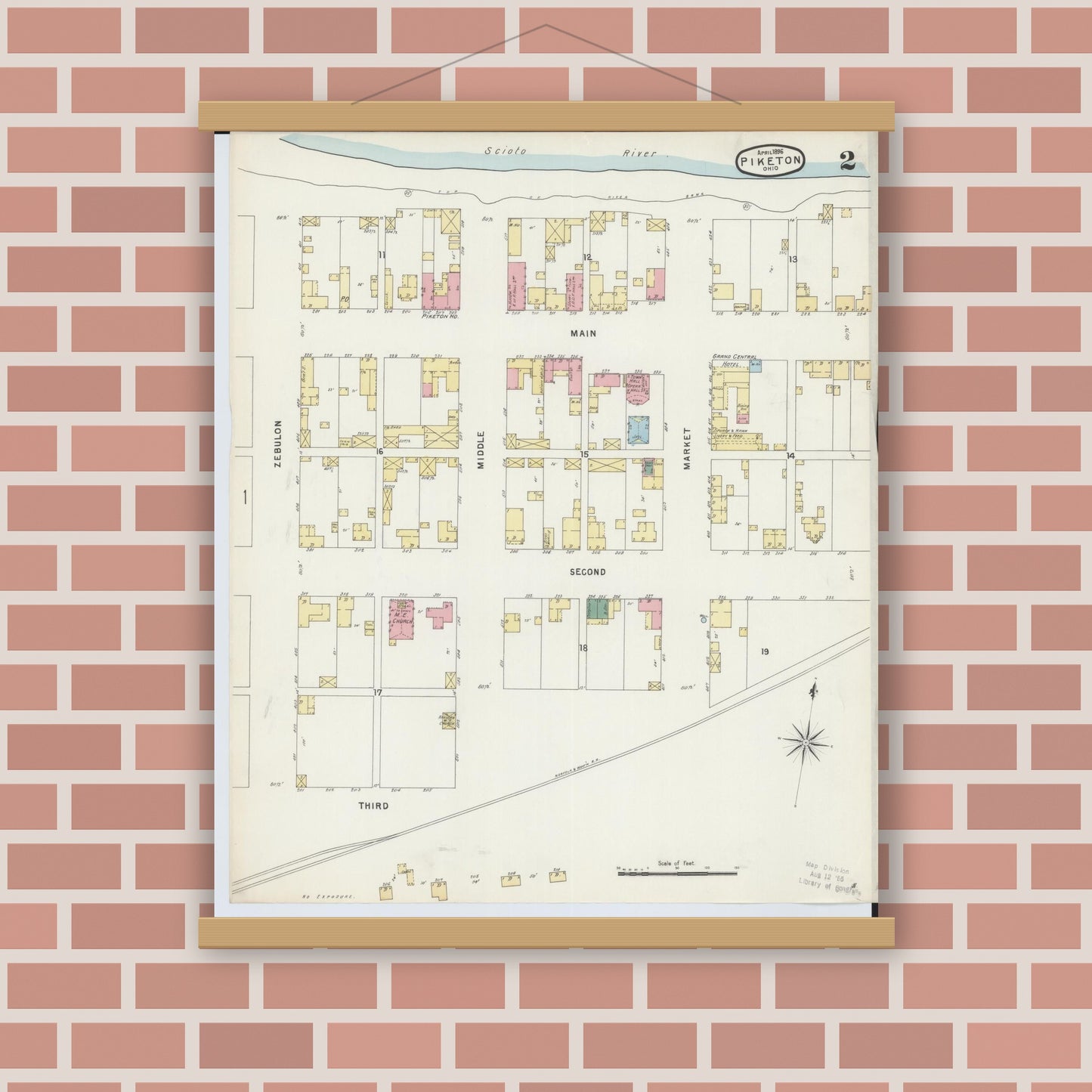 Old map wall art mockup — magnetic wood frame on brick wall — Sanborn Fire Insurance Map from Piketon, Pike County, Ohio (1896), Sheet #0002